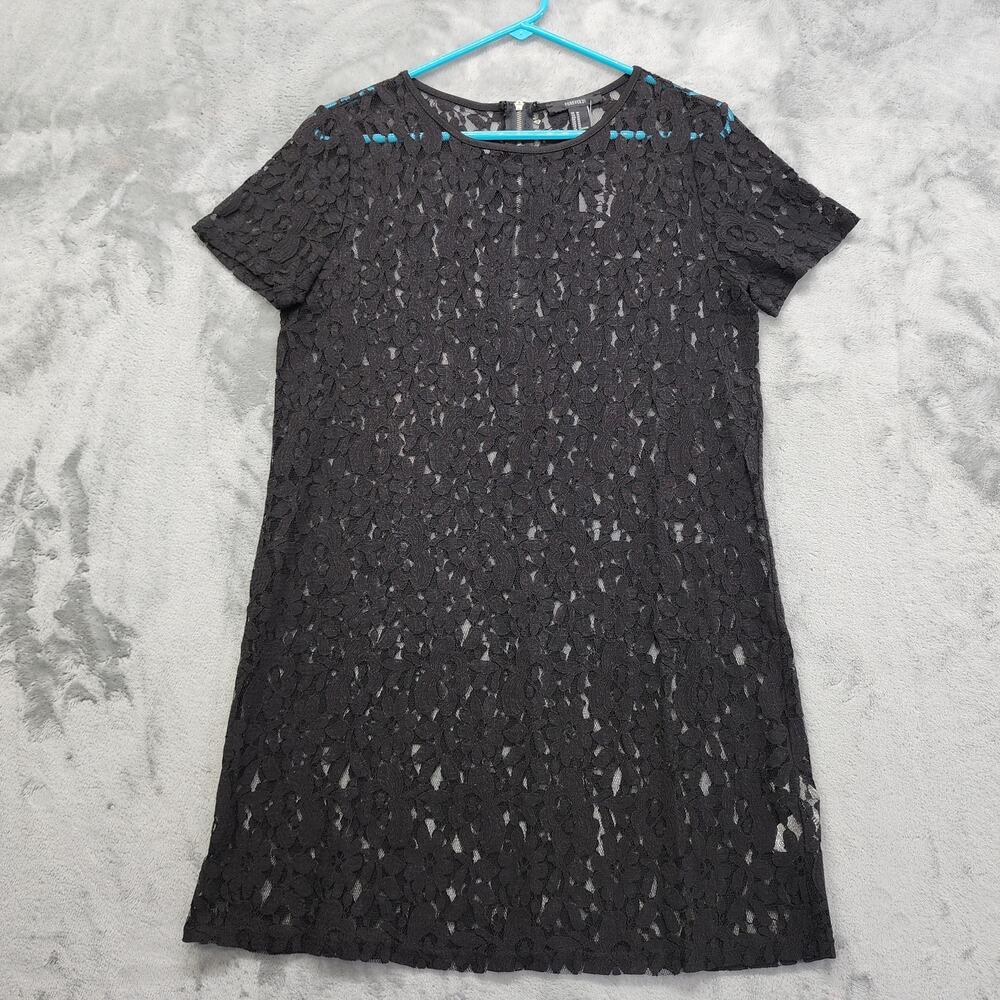 NEW Forever‎ 21 Sheer Lace Short Sleeve Mini Dress Size M Black Exposed Zipper